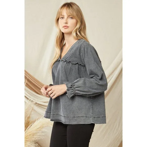 Entro Ruffled V-Neck Top, Black - Picture 2 of 6